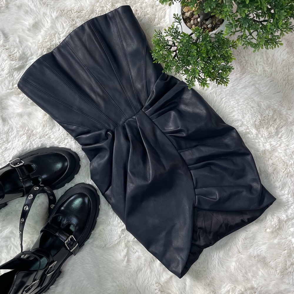 Oh Polly Vegan Leather Bandeau Mini Dress Black Blue Undertone US0/UK4 New